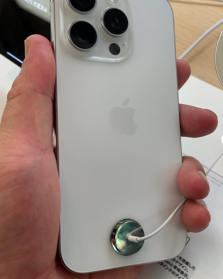 Back of the iPhone 16 Pro, showing the square camera island with three lenses, LiDAR scanner and flash